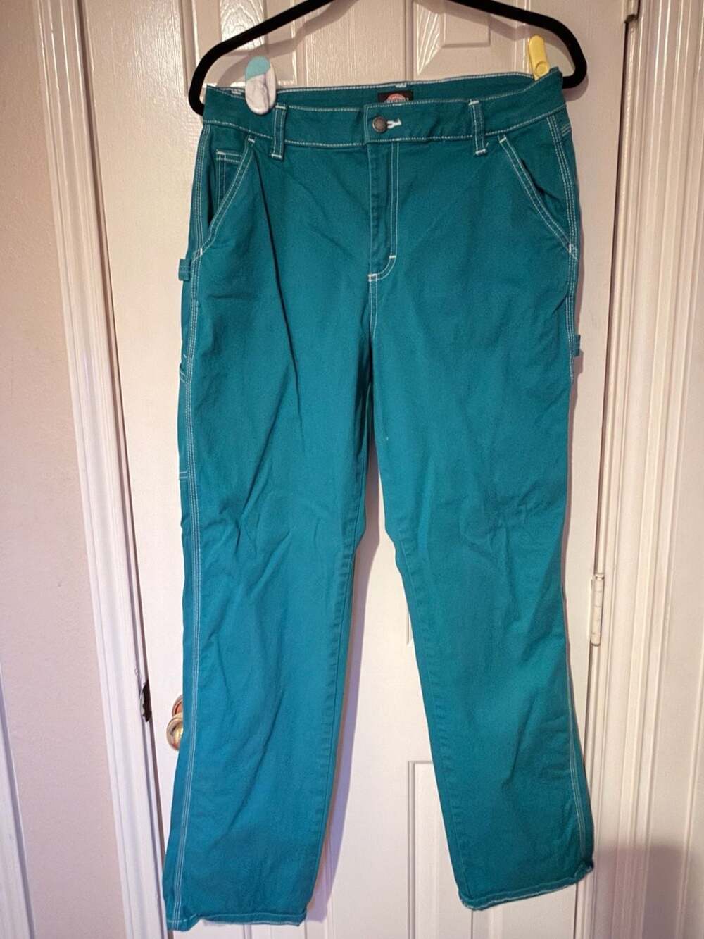 Dickies Women's Relaxed Fit Carpenter Pants Teal White Stitching Size 29R